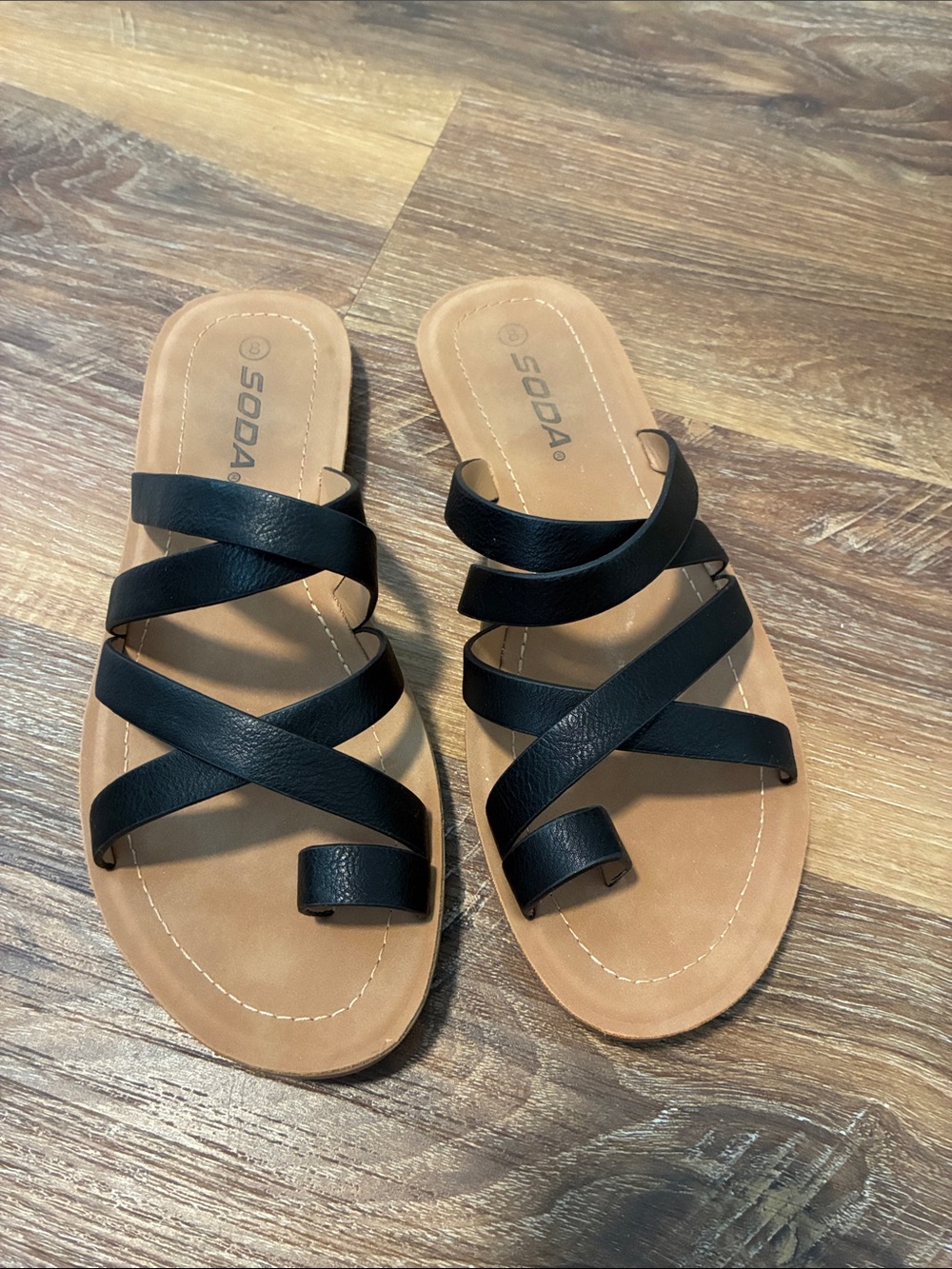 Soda Black Multi-Strap Slide Sandals with Tan Footbed